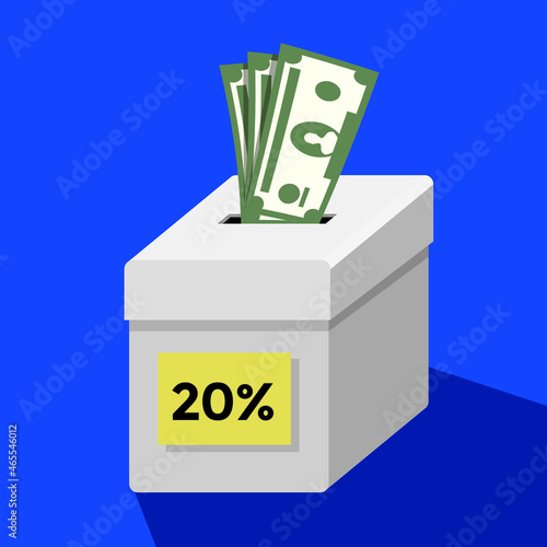 twenty percent, tithe box, money going to the box, vector illustration
