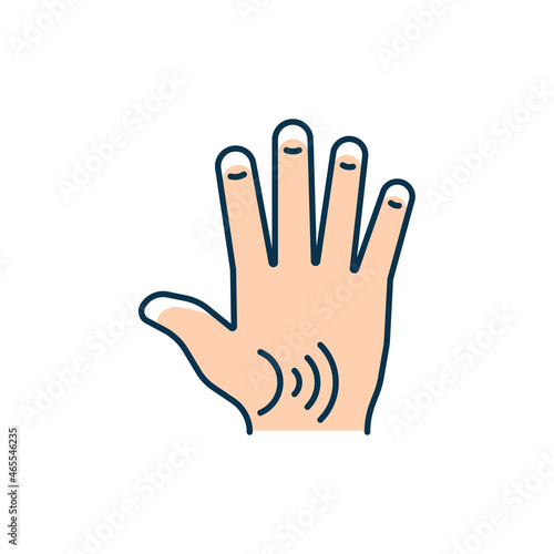 Thumb arthritis RGB color icon. Degenerative changes in joints. Osteoarthritis in thumb. Cartilage degeneration. Enlarged joint appearance. Isolated vector illustration. Simple filled line drawing