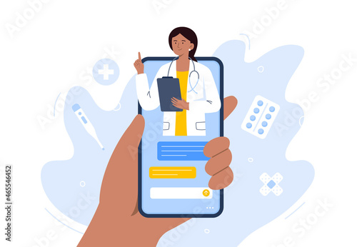 Smartphone screen with a female doctor on chat. Video call with doctor. Online medical services, consultation and telemedicine concept. Vector flat illustration.