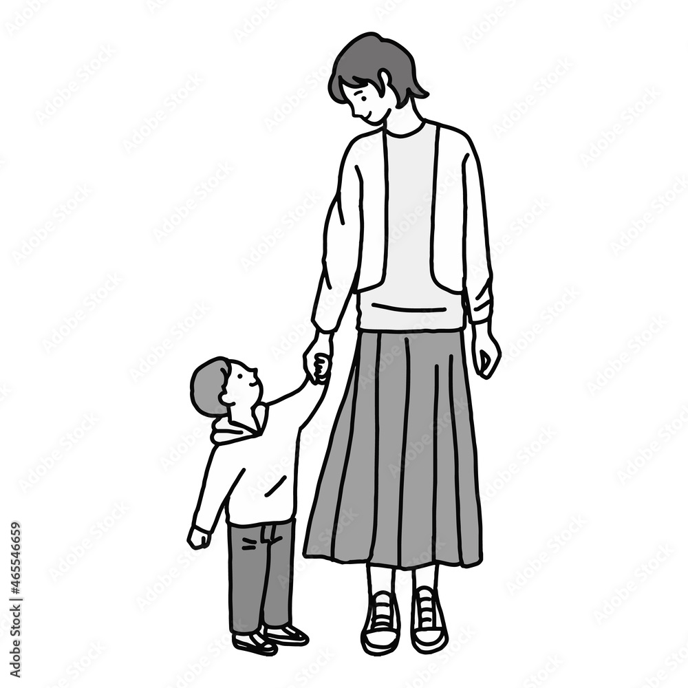 ママと息子が手をつないでいる線画ベクター ママと息子が手をつないでいる線画ベクター