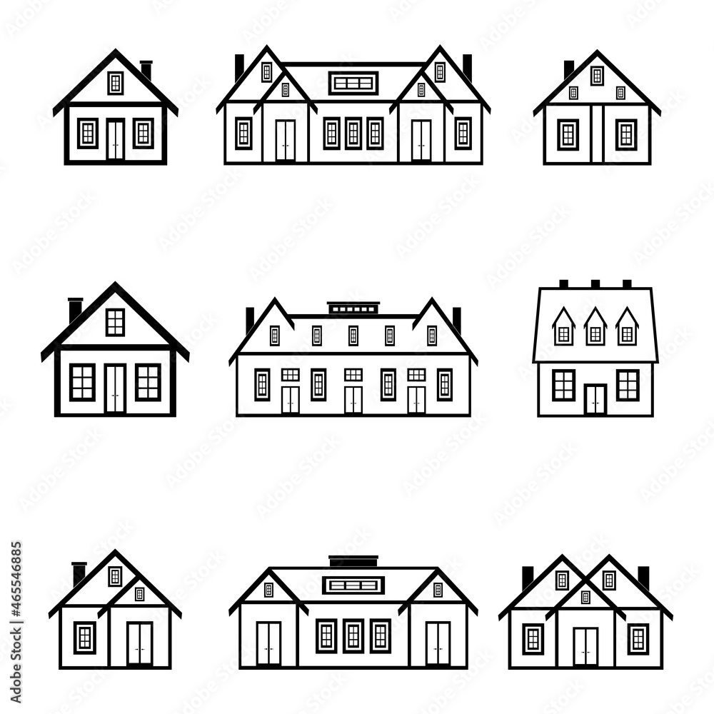 There are many houses of different configurations and sizes with large and small windows on a white background.