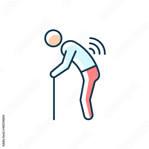 Risk factor linked to age RGB color icon. Elderly man with back ache. Increasing risk of spinal arthritis development. Age-related condition. Isolated vector illustration. Simple filled line drawing