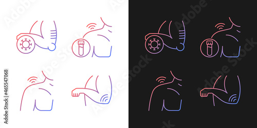 Shoulder and elbow pain gradient icons set for dark and light mode. Autoimmune condition. Thin line contour symbols bundle. Isolated vector outline illustrations collection on black and white