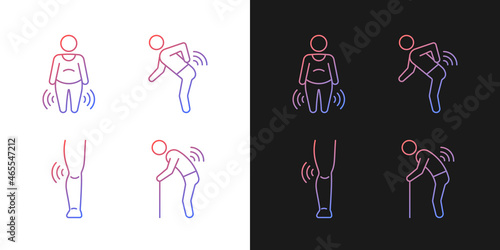 Elderly patients with arthritis gradient icons set for dark and light mode. Back rheumatism. Thin line contour symbols bundle. Isolated vector outline illustrations collection on black and white