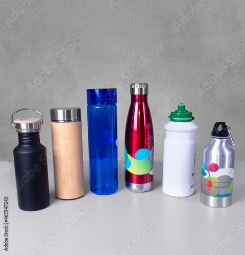 Collection of thermo mugs-Different colors-plastic-aluminum-Different texture-Promo products.Copy space
