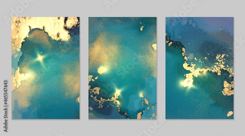 Set of marble patterns. Aquamarine blue and gold geode textures with glitter. Abstract vector background in alcohol ink technique. Modern paint with sparkles. Backdrops for banner, poster. Fluid art