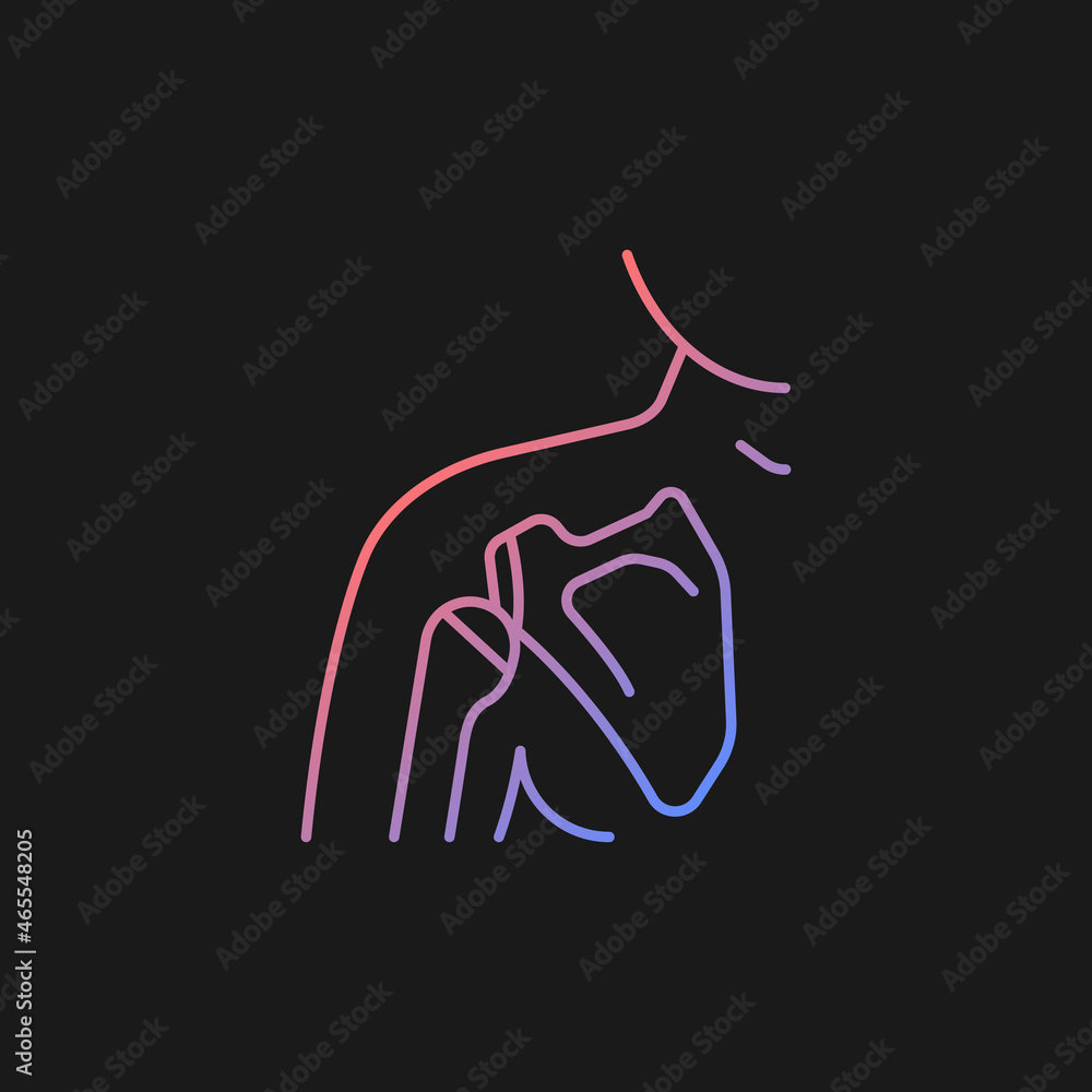 Joint dislocation gradient vector icon for dark theme. Dislocated shoulder. Muscles weakening. Upper arm bone trauma. Thin line color symbol. Modern style pictogram. Vector isolated outline drawing