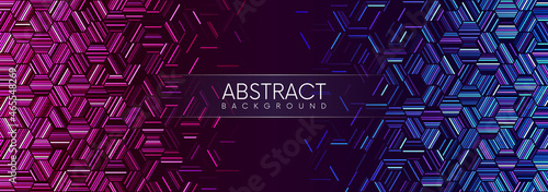 Abstract geometric technology background with hexagonal lines in pink and blue neon colors. Vector illustration