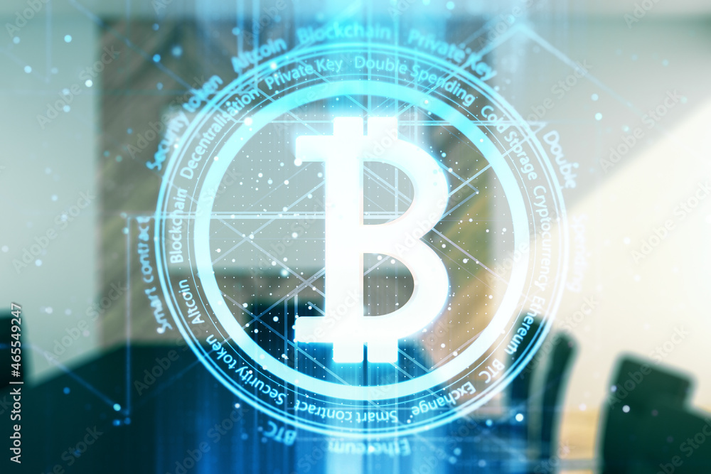 Virtual Bitcoin sketch on a modern coworking room background. Double exposure Virtual Bitcoin sketch on a modern coworking room background. Double exposure