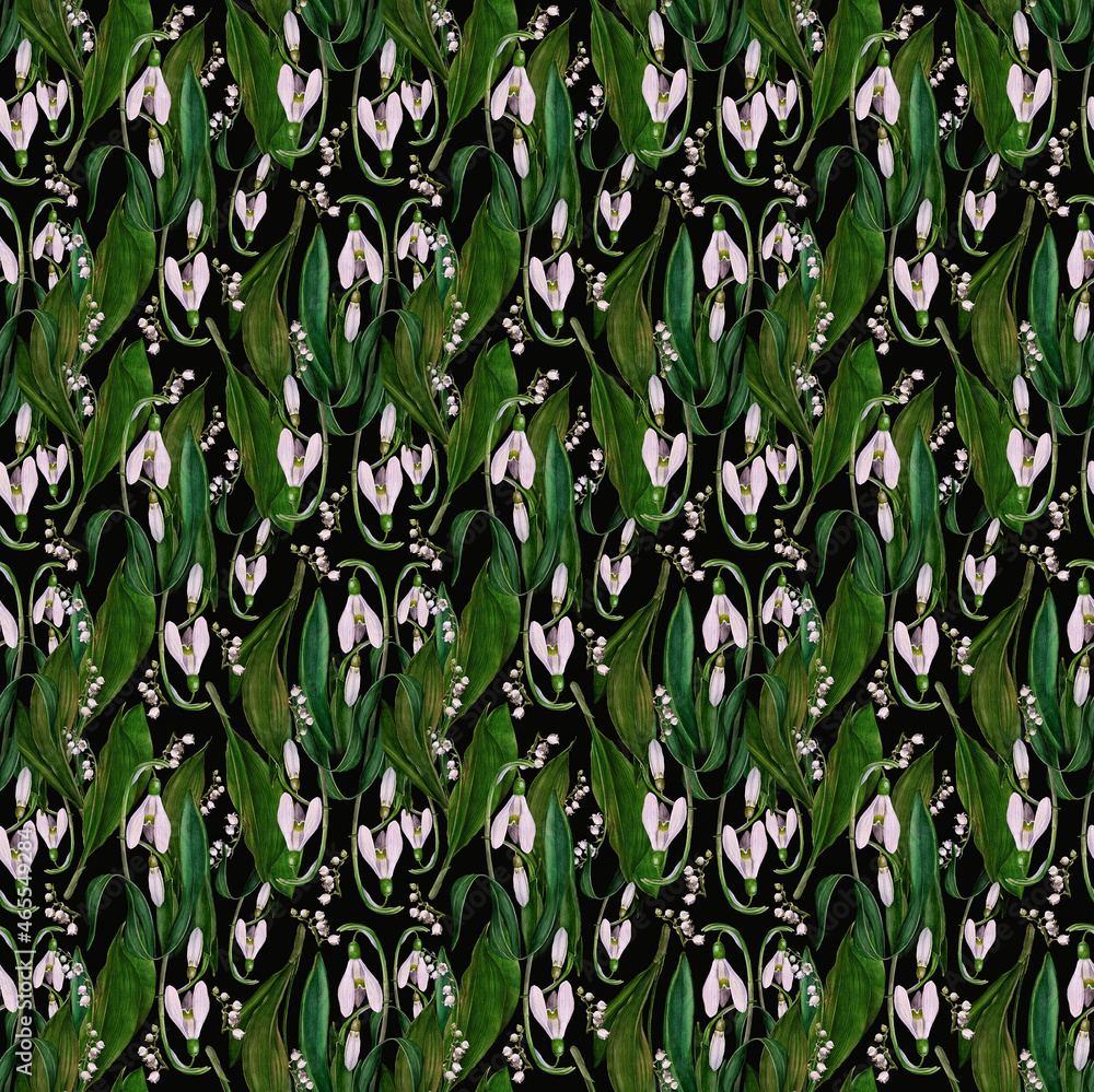 Seamless pattern with lilies of the valley green Seamless pattern with lilies of the valley green