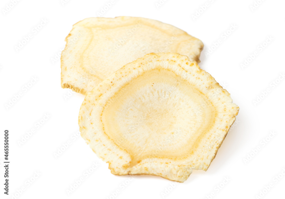 Dried American ginseng slices isolated on whtie background Dried American ginseng slices isolated on whtie background