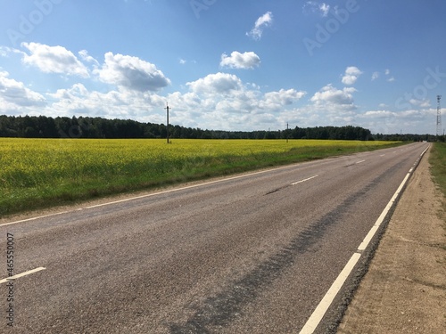 road in the countryside with blue sky and green fields along