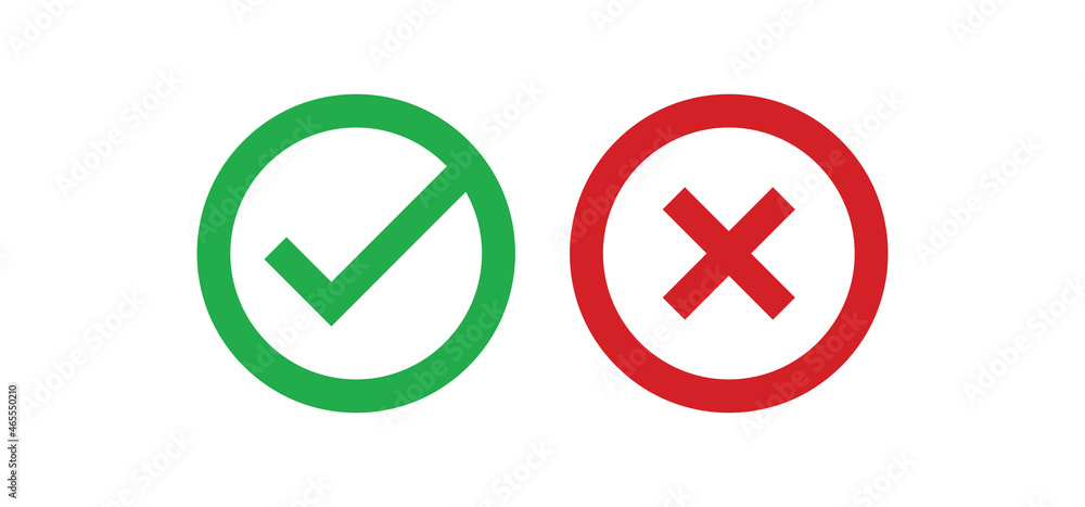 Cross and check mark icons, vector buttons. Checkmark tick and x. Cross and check mark icons, vector buttons. Checkmark tick and x.