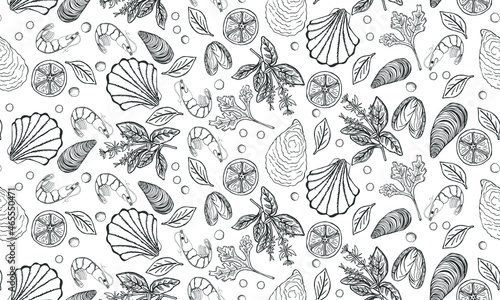 Vector hand drawn seafood seamless pattern with mussel, fish salmon and shrimp. Lobster, squid, octopus, scallop, lobster or craps, mollusk, oyster, alfonsino and tuna for product market. photo