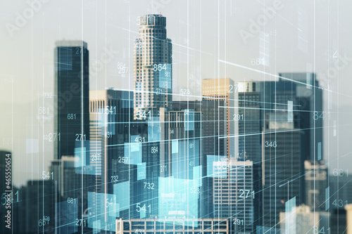 Double exposure of abstract virtual statistics data hologram on Los Angeles city skyscrapers background  statistics and analytics concept