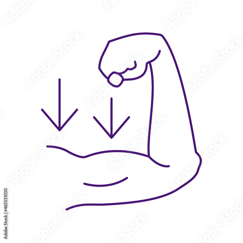 Muscle weakness RGB color icon. Physical disorder symptom. Sore biceps. Loss of body strenght. Anatomical issue. Health care problem. Isolated vector illustration. Simple filled line drawing