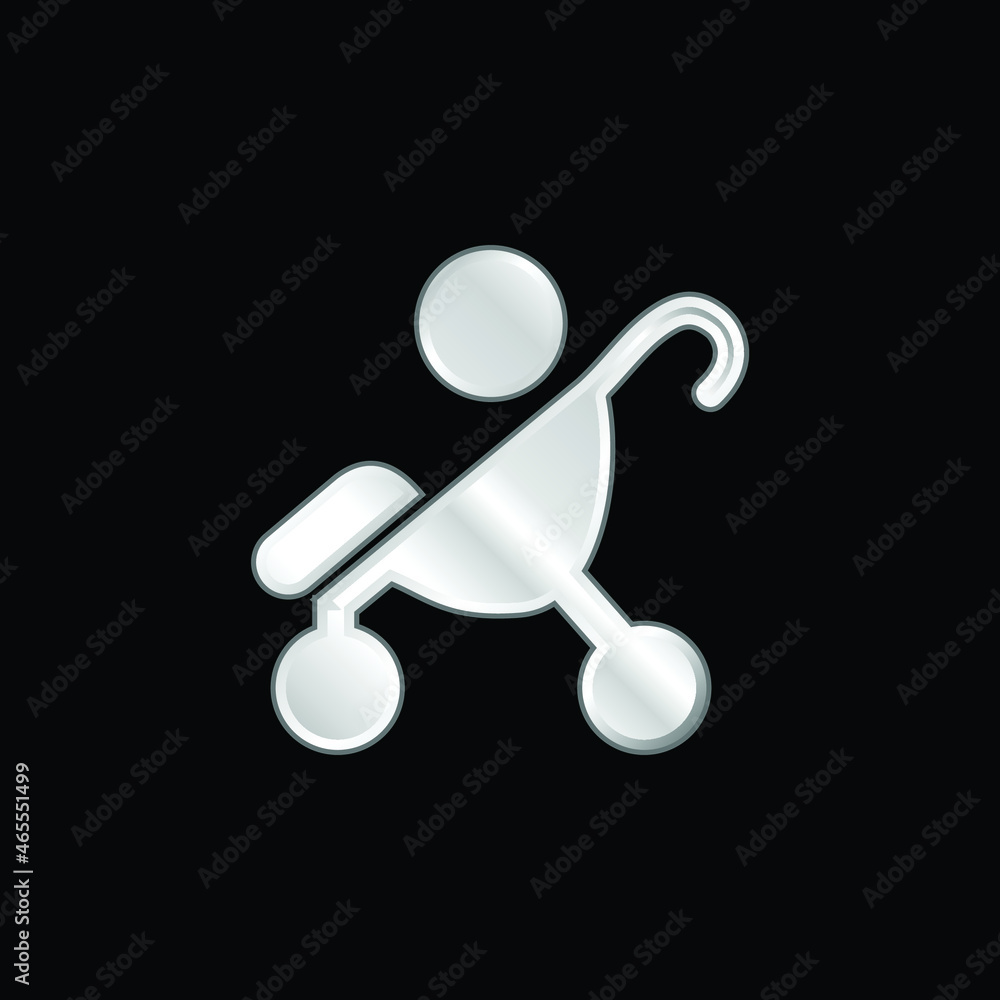 Baby On Stroller Side View Silhouette silver plated metallic icon Baby On Stroller Side View Silhouette silver plated metallic icon