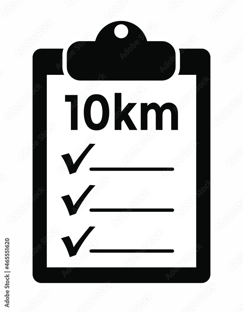 clipboard with checklist, ten kilometers, black and white, vector illustration