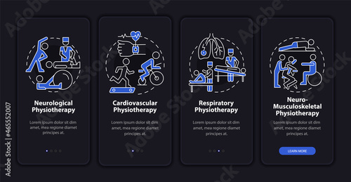 Physiotherapy dark onboarding mobile app page screen. Physical therapy types walkthrough 4 steps graphic instructions with concepts. UI, UX, GUI vector template with linear color illustrations
