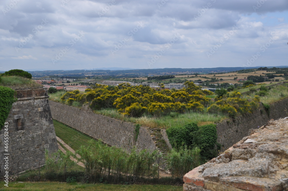 Panoramic view of the old fortress walls. Cloudy before rain. Thunderclouds.