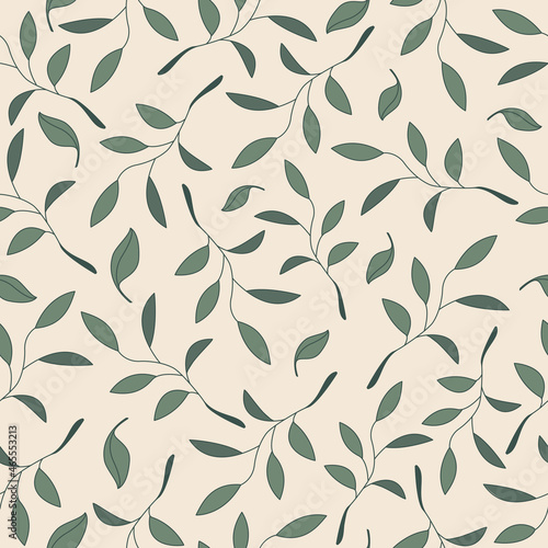 Seamless pattern with green falling leaves in vintage style