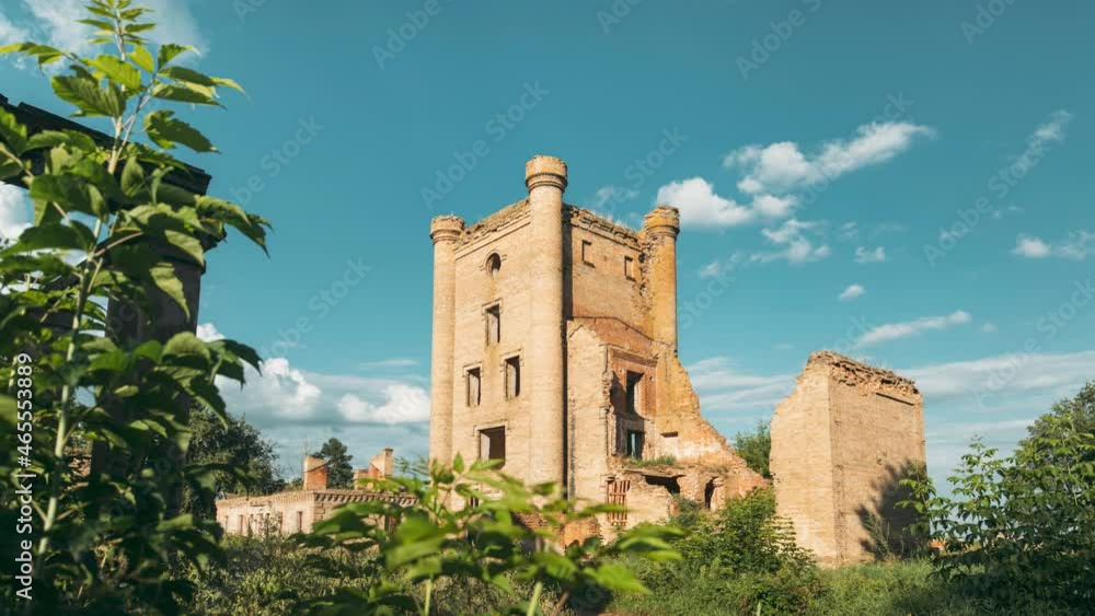 Remains Of Yastrzhembsky Estate And Park Complex. Old Five-storey Brick Water Tower. Borisovshchyna, Khoiniki District, Belarus Remains Of Yastrzhembsky Estate And Park Complex. Old Five-storey Brick Water Tower. Borisovshchyna, Khoiniki District, Belarus