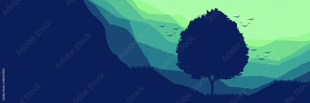 forest at mountain cliff flat design vector banner template good for web banner, ads banner, tourism banner, wallpaper, background template, and adventure design backdrop