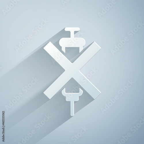 Paper cut No doping syringe icon isolated on grey background. Paper art style. Vector
