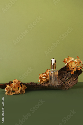 natural cosmetic skincare bottle container with essential oil, wood and flowers on green background. Home made remedy and beauty product concept. © Nastya