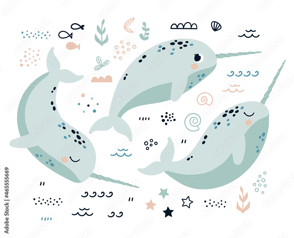 A set of narwhal marine animals. Vector illustration in Scandinavian cute style