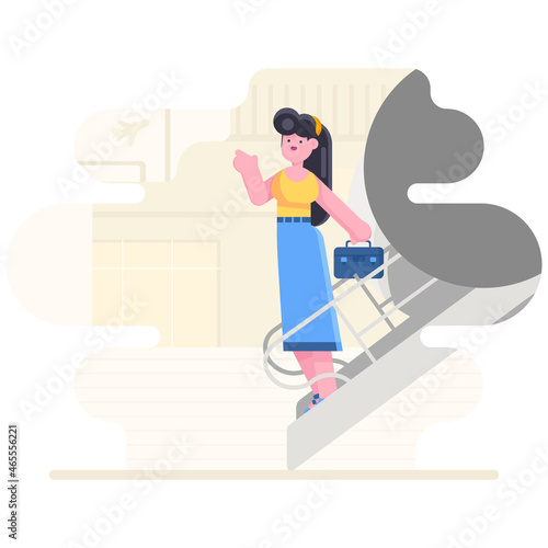 girl goes down the plane and waves his hand. vacation concept