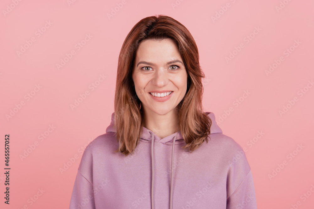 Photo of young cheerful woman happy positive smile toothy ceramic oral cavity isolated over pink color background Photo of young cheerful woman happy positive smile toothy ceramic oral cavity isolated over pink color background