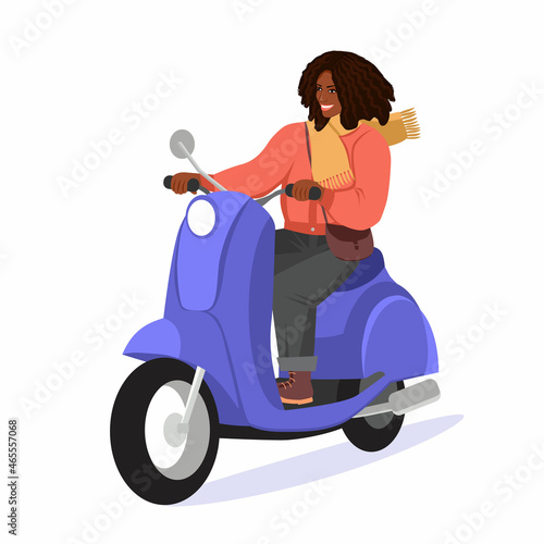 Smiling dark-skinned woman rides a scooter. Girl in a jacket, scarf and gloves is driving a moped. The concept of active lifestyle. Vector illustration in a flat style
