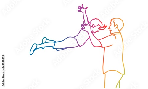 Father plays, raising his daughter or son to the sky.