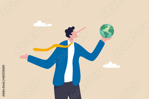 World leader climate change failure, liar cannot keep promise or reduce pollution green house effect, global warming issue concept, businessman politician Pinocchio nose lying about saving the world.