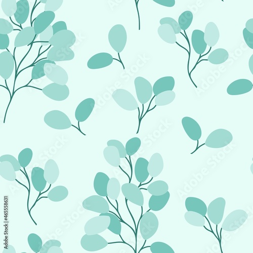 Eucalyptus twigs and leaves seamless pattern. Botanical background with deciduous plants. Delicate natural template for wallpaper, packaging and fabrics.