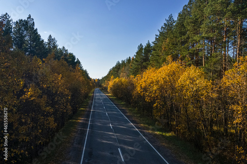 aerial photography, a long highway in the autumn forest. Bright yellow, orange, green trees and warm rays of the sun. The concept of travel in Karelia.