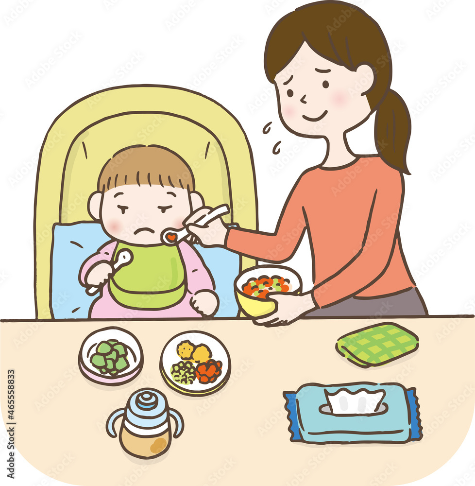 子供にごはんを食べさせる女性(育児・ごはんタイム)/This is an illustration of a baby eating. 子供にごはんを食べさせる女性(育児・ごはんタイム)/This is an illustration of a baby eating.