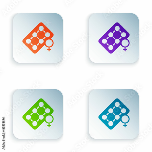 Color Packaging of birth control pills icon isolated on white background. Contraceptive pill. Set colorful icons in square buttons. Vector