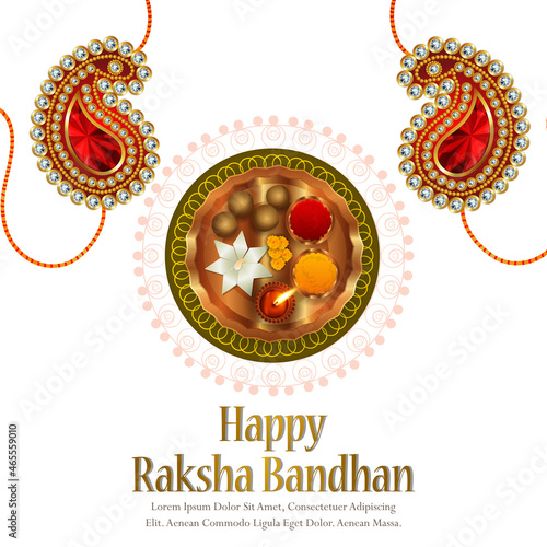 Happy rakhi indian festival with elegant crystal rakhi with pooja thali on white background
