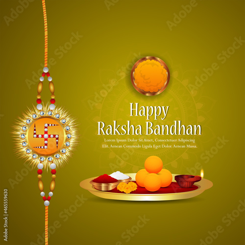 Happy raksha bandhan celebration greeting card with creative realistic rakhi and pooja thali with kumkum, rice