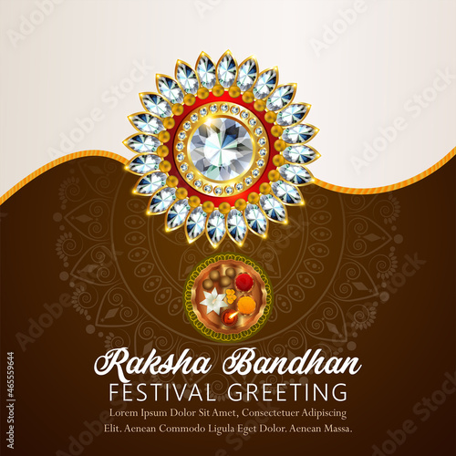 Realistic vector illustration of happy raksha bandhan invitation greeting card with crystal rakhi and pooja thali