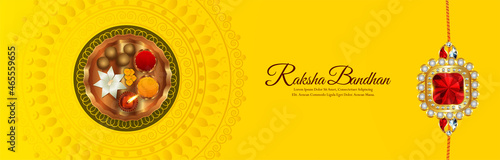 Indian festival of happy raksha bandhan the festival of brother and sister invitation banner with pooja thali