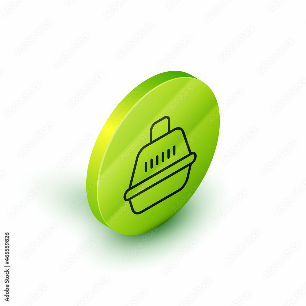 Isometric line Pet carry case icon isolated on white background. Carrier for animals, dog and cat. Container for animals. Animal transport box. Green circle button. Vector Isometric line Pet carry case icon isolated on white background. Carrier for animals, dog and cat. Container for animals. Animal transport box. Green circle button. Vector