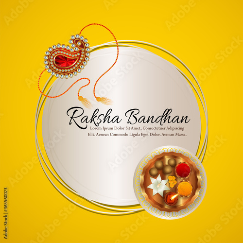 Realistic vector illustration of happy raksha bandhan invitation background with rakhi and pooja thali