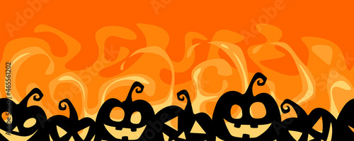 Vector Halloween horizontal seamless border with black jack-o’-lanterns silhouettes on a red flame background.