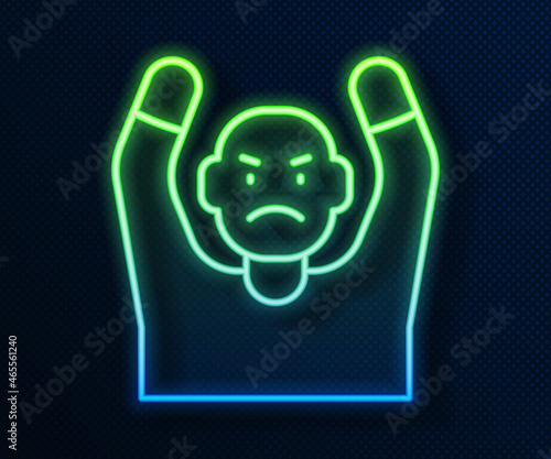 Glowing neon line Thief surrendering hands up icon isolated on blue background. Man surrendering with both hands raised in air. Vector