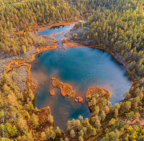 Uksinskaya Ozovaya ridge or Uksinsky oz with  Lake  a natural monument to glacial landscapes in Karelia  top aerial view  drone