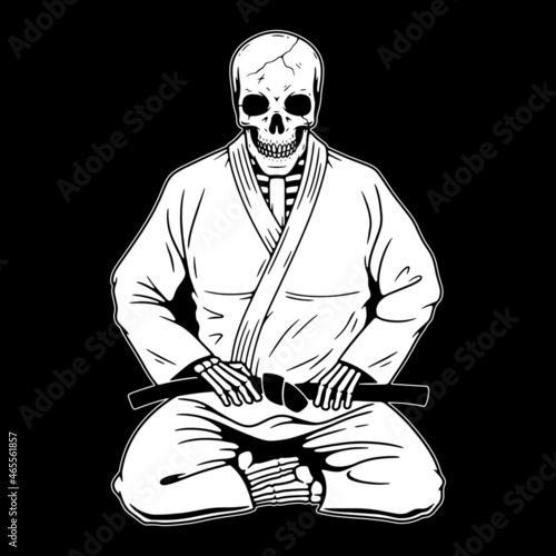 SKELETON IN KIMONO WHITE BLACK BACKGROUND