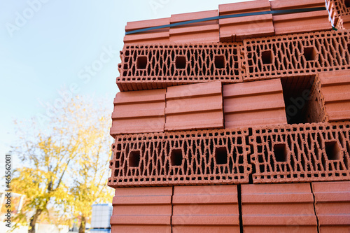 Ceramic bricks in the construction market on the street  close up